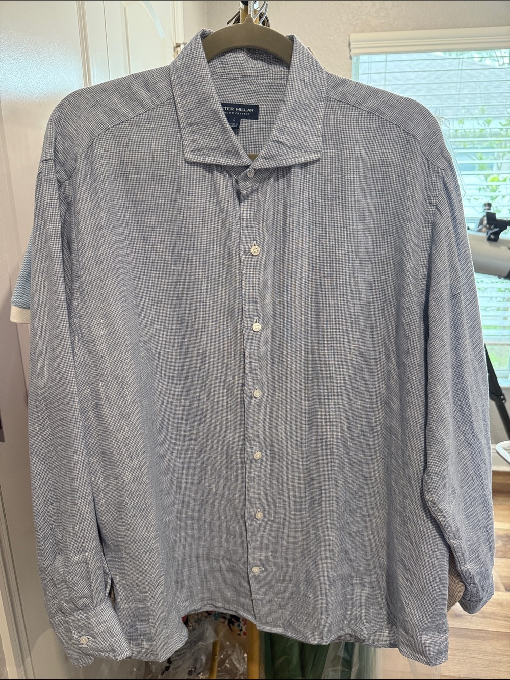 Peter Millar Casual Light Blue Textured Linen Button-Down Shirt